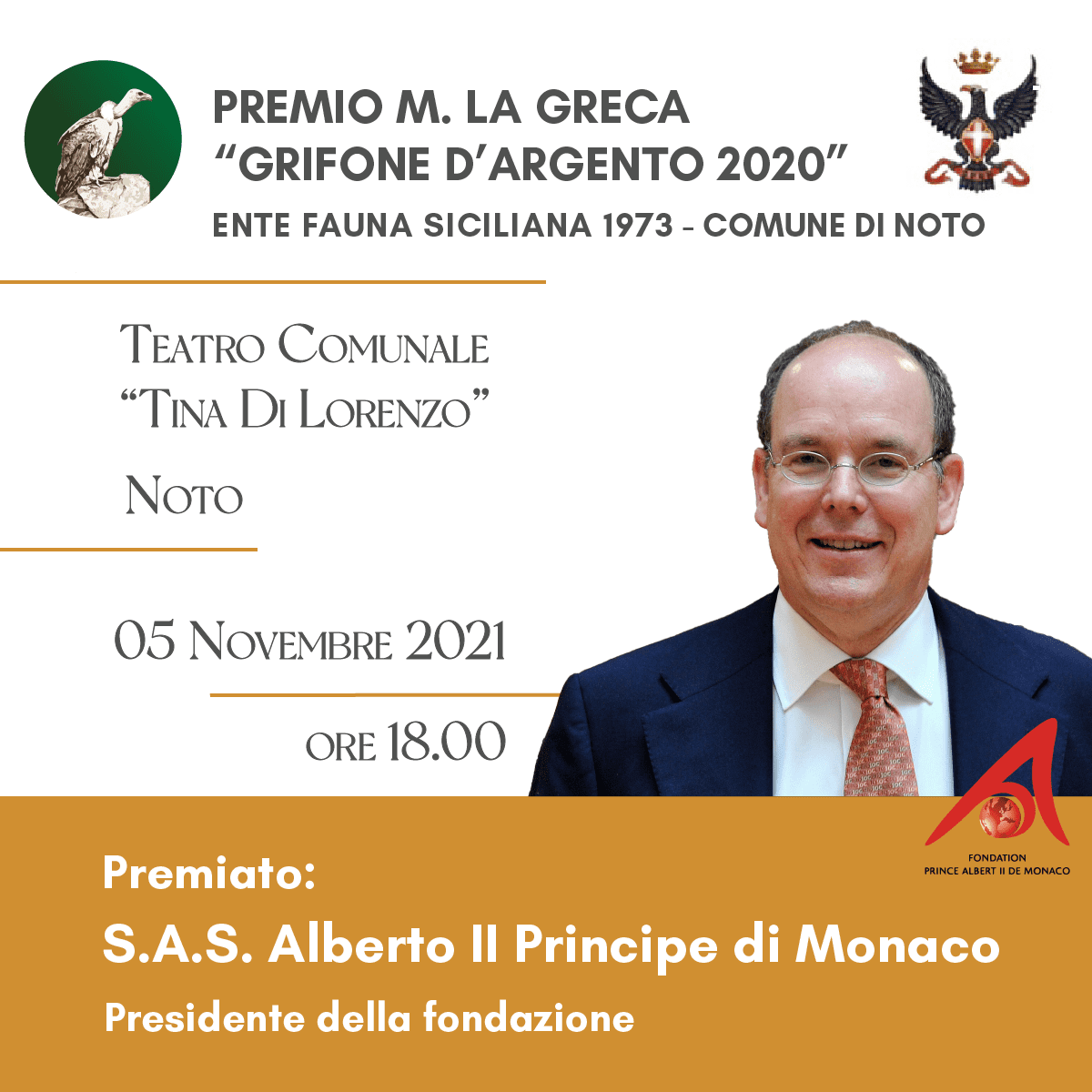 PREMIO M. LA GRECA 2020 a S.A.S. Alberto II Principe di Monaco